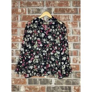 Notations Sheer Black Button Up Shirt Floral Cherries Size Large Flounce Sleeve